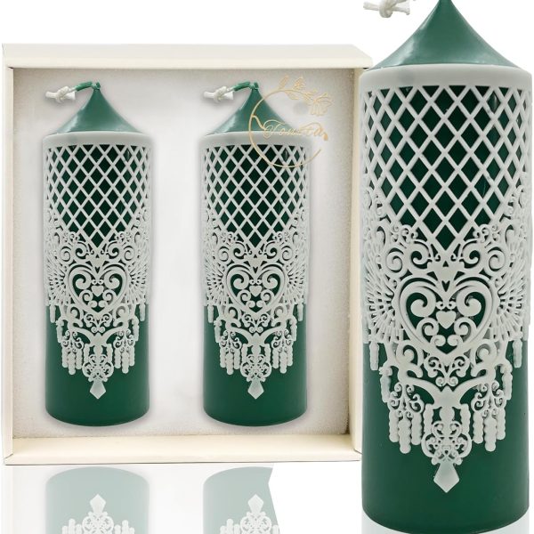 Hand-Poured Soy Scented Candles-Classically Romantic Embossed Lace Pillar Candles Set of 2|1.9" W x 6.2" H|Amber Moss Fragrance|Lasting 40 Hours|for Wedding,Dinnerand Home Decor(Forest Green)