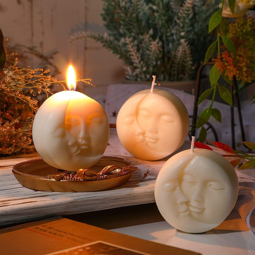 Sun and Moon Shaped Candles - Aesthetic Candle Decorative Soy Scented Art White Witchy Face for Yoga Birthday Christmas Home Decor Bedroom Bathroom Wedding Gifts (3 Pcs White)