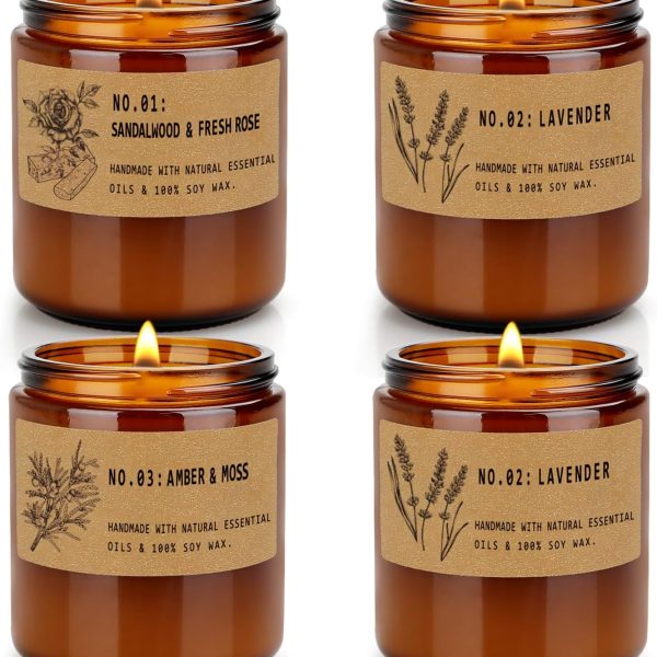 Candles for Home Scented, 4 Pack 28 Oz Candles Gifts for Women, Large Soy Scented Candles, Lavender Fresh Rose Long Lasting Aromatherapy Amber Candle Set for Women Men Christmas Birthday Thanksgiving